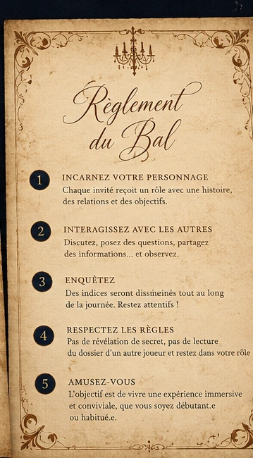 Règlement du bal : incarnez votre personnage, interagissez, enquêtez, respectez les règles et amusez-vous